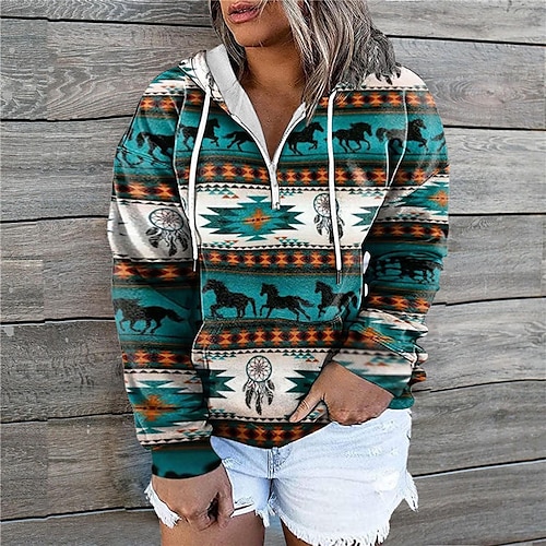 

Women's Plus Size Tops Hoodie Sweatshirt Tribal Geometry Zipper Pocket Long Sleeve Crewneck Vintage Ethnic Casual Daily Going out Polyester Winter Fall Black Blue
