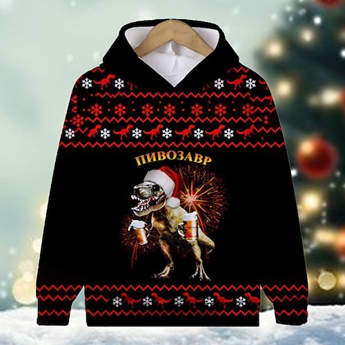 

Kids Boys Ugly Christmas Hoodie Pullover Graphic Dinosaur Long Sleeve Pocket Children Top Outdoor Hoodie Cute Cool Black Winter 7-13 Years