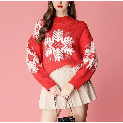 

Women's Ugly Christmas Sweater Pullover Sweater Jumper Ribbed Knit Patchwork Knitted Snowflake Crew Neck Stylish Casual Christmas Holiday Winter Fall Green Blue One-Size / Cotton / Long Sleeve