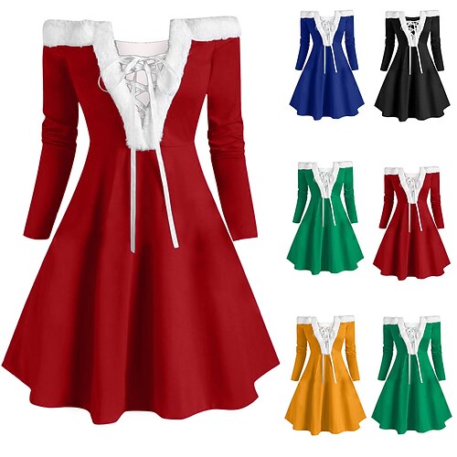 

Women's Christmas Swing Dress Vintage Dress Mini Dress Green Blue Yellow Red Black Long Sleeve Pure Color Backless Feather Winter Fall Off Shoulder Vacation Stylish Elegant Fall Dress Loose Fit 2022
