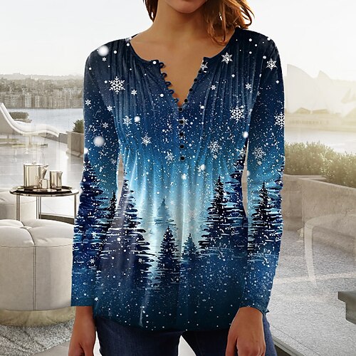 

Women's Blouse Shirt Green Blue Purple Snowflake Button Print Long Sleeve Christmas Streetwear Casual Round Neck Regular S