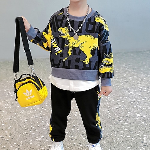 

2 Pieces Toddler Boys Sweatshirt & Pants Outfit Dinosaur Long Sleeve Set Casual Fashion Daily Winter Fall 3-7 Years Green Yellow