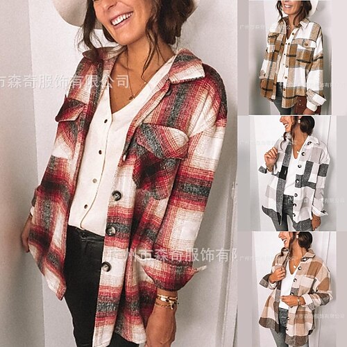 

Women's Shacket Black Khaki Red Plaid Button Print Long Sleeve Casual Basic Shirt Collar Regular S