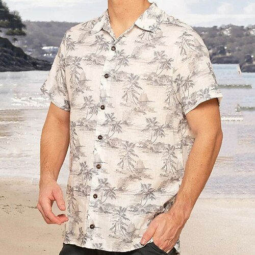 

Men's Shirt Coconut Tree Graphic Prints Turndown Beige 3D Print Street Daily Short Sleeves Button-Down Print Clothing Apparel Tropical Fashion Hawaiian