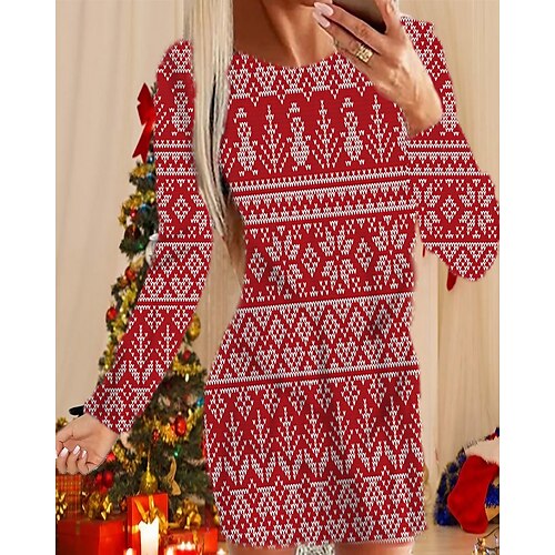 

vestido casual de natal feminino vestido de mudança mini vestido verde vermelho branco manga longa árvore impressão de floco de neve inverno outono gola alta elegante casual moderno 2022 s m l xl 2xl