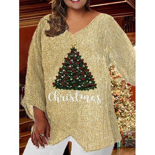 

Women's Plus Size Christmas Tops Blouse Shirt Letter Tree Print Long Sleeve V Neck Casual Holiday Daily Polyester Winter Fall Gold / Vacation / Weekend