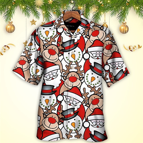 

Men's Shirt Santa Claus Elk Snowman Graphic Prints Turndown Khaki 3D Print Christmas Street Short Sleeve Button-Down Print Clothing Apparel Fashion Designer Casual Breathable