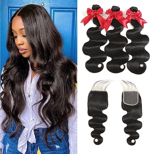 

10A Brazilian Body Wave Bundles with Closure Human Hair (14 16 18 with 12 Inch) 100% Human Hair Bundles with Closure Body Wave Unprocessed Remy Virgin Hair Weave 3 Bundles with Lace Closure