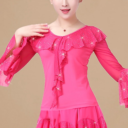 

Latin Dance Ballroom Dance Top Rhinestone Ruffles Ruching Women's Performance Training Long Sleeve Polyester