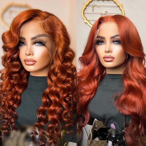 

Remy Human Hair 13x4 Lace Front Wig Free Part Brazilian Hair Wavy Orange Wig 130% 150% Density with Baby Hair Natural Hairline 100% Virgin Glueless Pre-Plucked For Women Long Human Hair Lace Wig