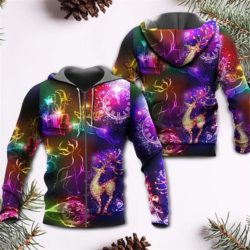 

Men's Full Zip Hoodie Jacket Purple Hooded Graphic Prints Reindeer Ugly Christmas Zipper Print Sports & Outdoor Daily Sports 3D Print Streetwear Designer Casual Spring & Fall Clothing Apparel Hoodies