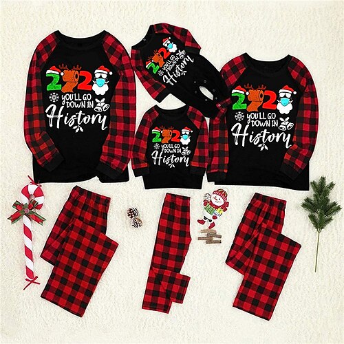 

Christmas Pajamas Family Letter Number Snowman Home Black Long Sleeve Basic Matching Outfits