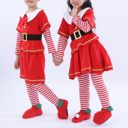 

2 Pieces Kids Girls' Christmas Stripe Dress Suits Set Long Sleeve Fashion Performance 7-13 Years Winter Red