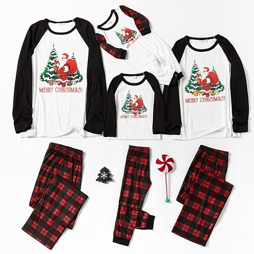 

Christmas Pajamas Family Letter Santa Claus Christmas Tree Home White Long Sleeve Basic Matching Outfits