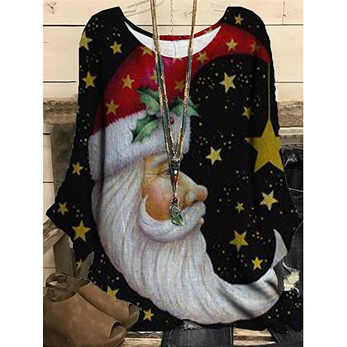 

Women's Plus Size Christmas Tops Blouse Shirt Letter Santa Claus Print Long Sleeve Casual Festival Daily Polyester Winter Fall Black Blue