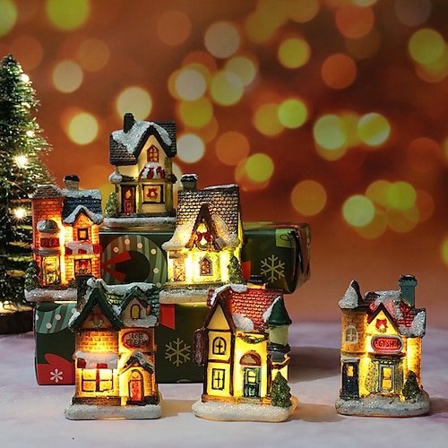 

Christmas Ornament Lights Christmas Gift for Kids Village Sets Scene Figurines Decoration LED Lighted Christmas Village Houses Crafted Poly Resin Christmas House Collectable Figurine for Christmas Holiday Party Decor