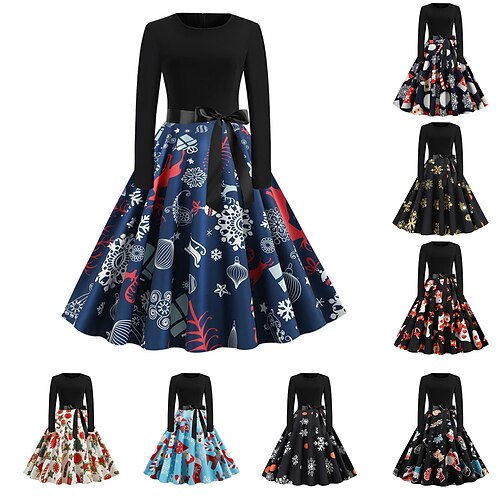 

Women's Christmas Swing Dress Knee Length Dress Black And White White Light Red Gold Red Long Sleeve Elk Snowman Bell Bow Print Fall Winter Round Neck Vintage Elegant 2022 S M L XL 2XL