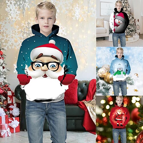 

Kids Boys Ugly Christmas Hoodie Pullover Santa Claus Snowman Long Sleeve Children Top Casual Cotton Hoodie Active Fashion Black Sky Blue Royal Blue Winter 3-12 Years