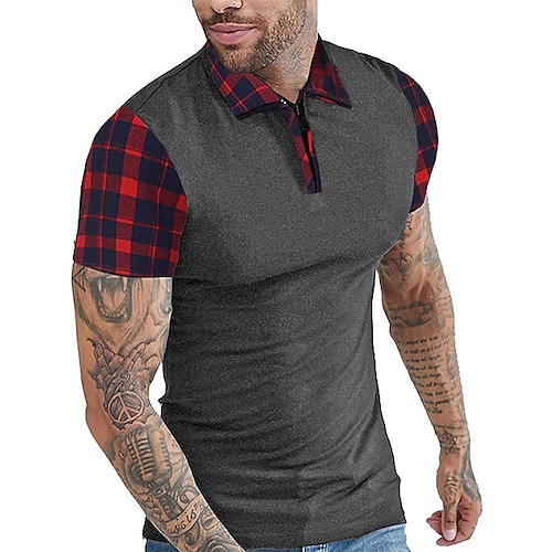 

Men's Polo Shirt Golf Shirt Christmas Shirt Plaid Turndown Black Light gray Dark Gray Red Navy Blue Casual Daily Short Sleeve Zipper Print Clothing Apparel Fashion Streetwear Cool