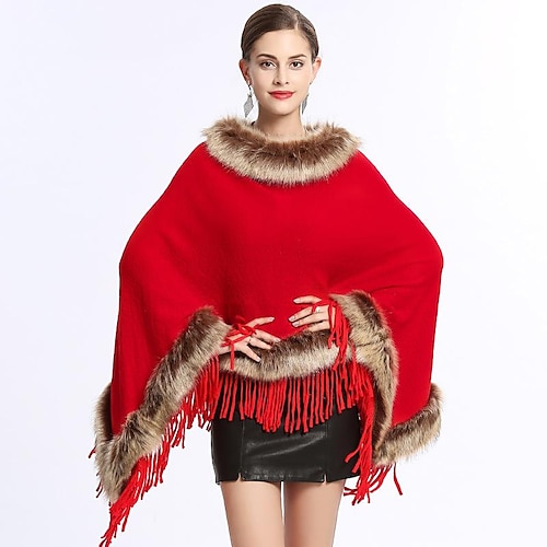 

Women's Shirt Shrugs Black Khaki Red Plain Tassel Asymmetric Long Sleeve Casual Ponchos Capes Round Neck Long 80-100cm