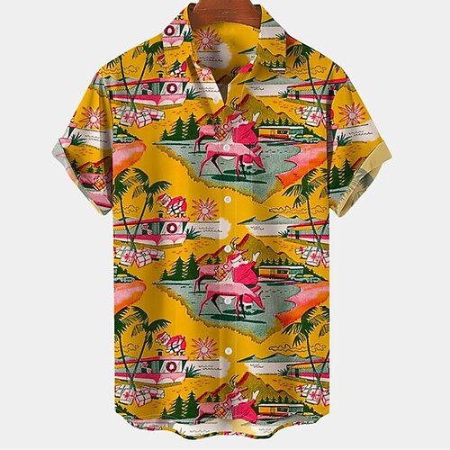 

Men's Shirt Santa Claus Coconut Tree Graphic Prints Turndown Yellow 3D Print Christmas Street Short Sleeves Button-Down Print Clothing Apparel Tropical Designer Casual Hawaiian