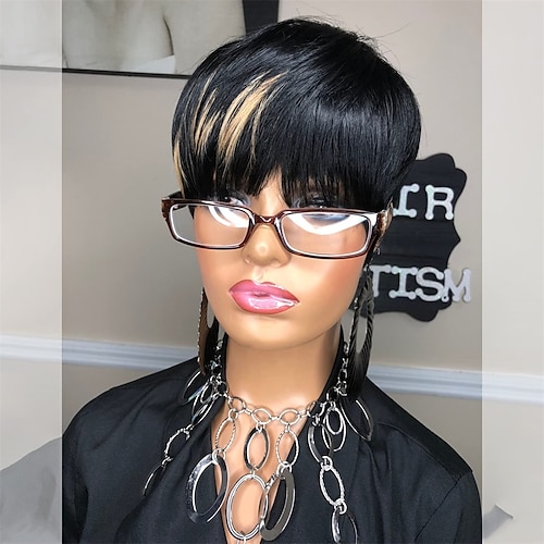 

Pixie Cut Wigs for Black Women Brazilian Real Short Layered Pixie Wigs with Bangs for Women Glueless None Lace Front Wig African American Full Machine Made Wig