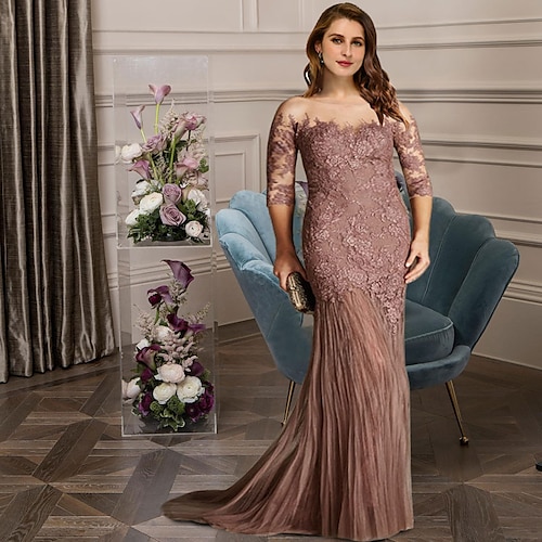 

Mermaid / Trumpet Plus Size Curve Mother of the Bride Dresses Elegant Dress Formal Sweep / Brush Train Sleeveless Jewel Neck Lace with Pleats Appliques 2022