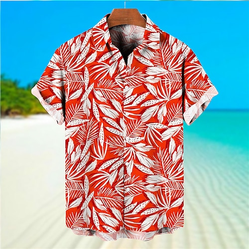 

Men's Shirt Aloha Shirt Graphic Prints Leaves Turndown Green Yellow Red 3D Print Outdoor Street Short Sleeves Button-Down Print Clothing Apparel Tropical Designer Casual Hawaiian