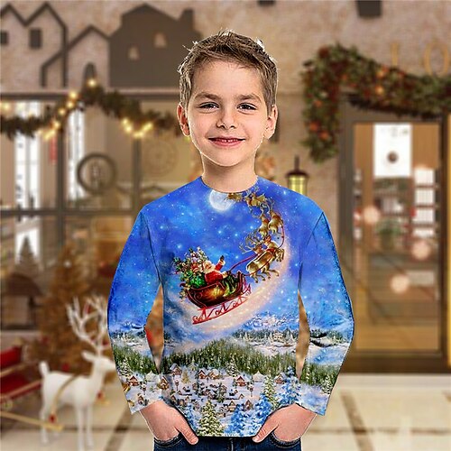 

Toddler Boys Ugly Christmas T shirt Tee Santa Claus Elk Christmas Tree Long Sleeve Crewneck Children Top Casual 3D Print Cute Daily Winter Fall Blue 7-13 Years