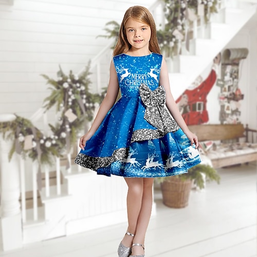 

Kids Girls' Christmas Dress Letter Swing Dress Knee-length Dress Christmas Gifts Ruffle Crew Neck Sleeveless Elegant Dress 2-13 Years Winter Blue