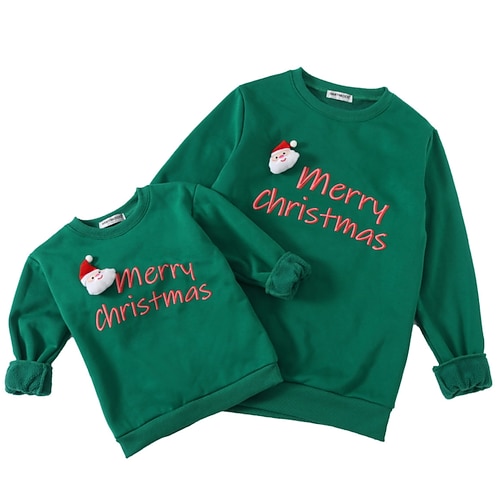 

Mommy and Me Christmas Sweatshirt Cartoon Letter Santa Claus Home Crewneck Green Long Sleeve Cool Matching Outfits
