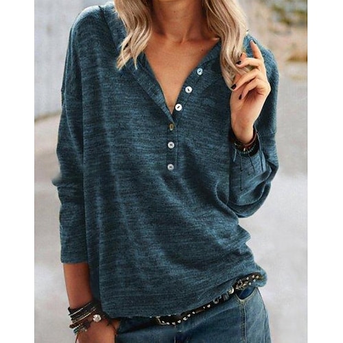 

Women's T shirt Tee Fushcia Green Blue Plain Button Long Sleeve Daily Weekend Basic V Neck Regular S