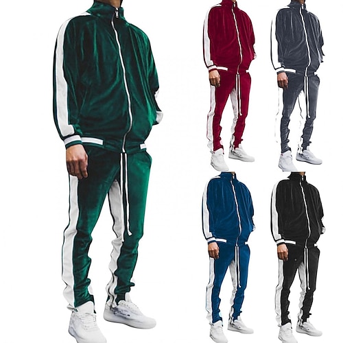 

Men's Tracksuit Sweatsuit Jogging Suits Velour Tracksuit Wine Red Black Blue Green Dark Gray Standing Collar Color Block 2 Piece Sports & Outdoor Sports Streetwear Streetwear Casual Big and Tall Fall