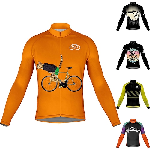 

21Grams Men's Cycling Jersey Long Sleeve Bike Top with 3 Rear Pockets Mountain Bike MTB Road Bike Cycling Breathable Quick Dry Moisture Wicking Reflective Strips Black / Orange Black Orange Cat