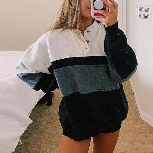 

Women's Sweatshirt Pullover Basic Button White Geometric Color Block Round Neck Long Sleeve S M L XL 2XL