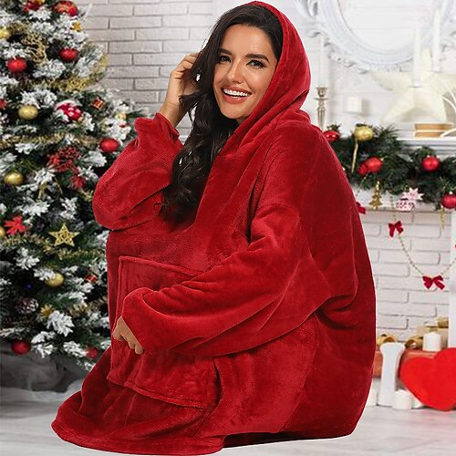 

Women's Pajamas Nightgown Wearable Blanket Hoodie Blanket Pure Color Warm Comfort Oversized Party Home Christmas Fleece Hoodie Long Sleeve Pocket Winter Fall Green Blue