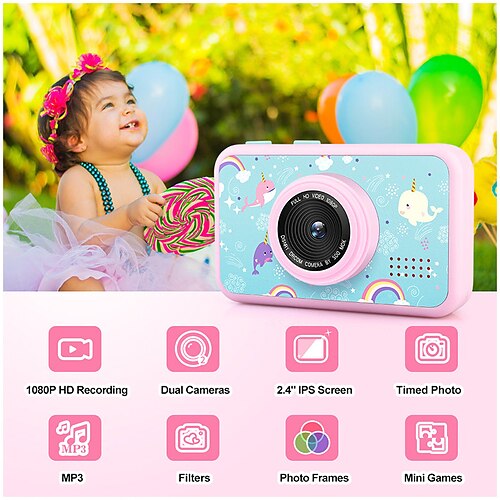 

2.4 Inch IPS Screen Kids Photo Camera Toys 1080P HD Digital Dual Lens Video Recorder Children's Educational Camcorder Best Gift