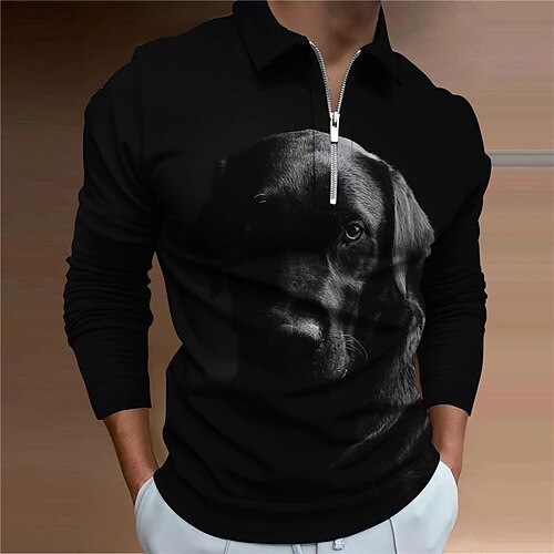 

Men's Polo Shirt Golf Shirt Animal Dog Graphic Prints Turndown Black Yellow 3D Print Outdoor Street Long Sleeve Zipper Print Clothing Apparel Fashion Designer Casual Soft