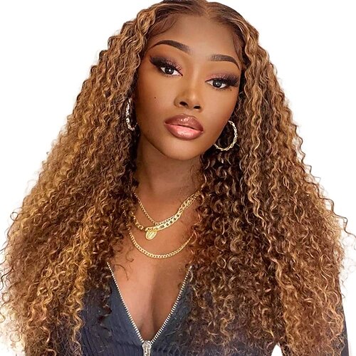 

13x4 Honey Blonde Deep Wave Human Hair Wigs for Black women 180 Density Ombre Highlight HD Lace Frontal Wigs Human Hair Pre Plucked with Baby Hair