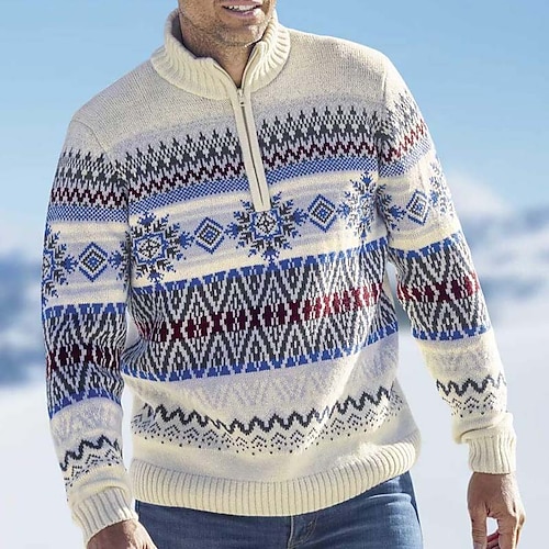 

Men's Sweater Ugly Christmas Sweater Pullover Sweater Jumper Ribbed Knit Cropped Knitted Snowflake Half Zip Keep Warm Modern Contemporary Christmas Work Clothing Apparel Fall & Winter Blue S M L
