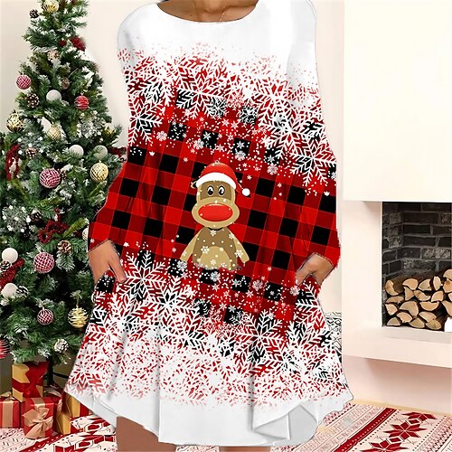 

Women's Christmas Casual Dress T Shirt Dress Tee Dress Shift Dress Mini Dress Black Wine Light Red Long Sleeve Plaid Pocket Winter Fall Autumn Crew Neck Fashion 2022 S M L XL XXL 3XL