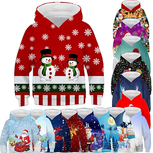 

Kids Boys Ugly Christmas Hoodie Pullover Santa Claus Elk Christmas Tree Long Sleeve Children Top Christmas Gifts Cotton Hoodie Active Daily Green Black Blue Winter 7-13 Years