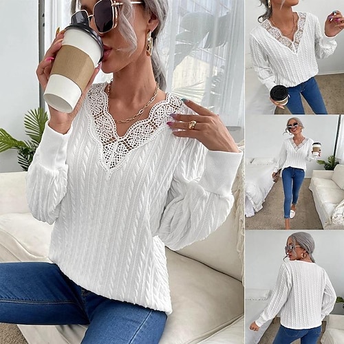 

2022 amazon wish independent station new women's clothing european and american fashion solid color lace v-neck sweater