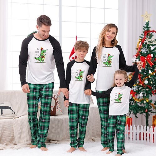 

Christmas Pajamas Family Plaid Letter Dinosaur Home Green Long Sleeve Basic Matching Outfits