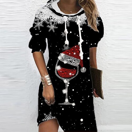 

Women's Hoodie Dress Shift Dress Mini Dress Black Long Sleeve Snowflake Print Winter Fall Autumn Hooded Fashion Christmas Daily 2022 S M L XL XXL 3XL