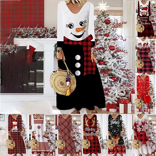 

Women's Christmas Casual Dress Shift Dress Maxi long Dress Wine Light Red Red White Black Long Sleeve Plaid Santa Claus Elk Print Fall Winter V Neck Vacation Casual 2022 S M L XL XXL 3XL 4XL 5XL 6XL