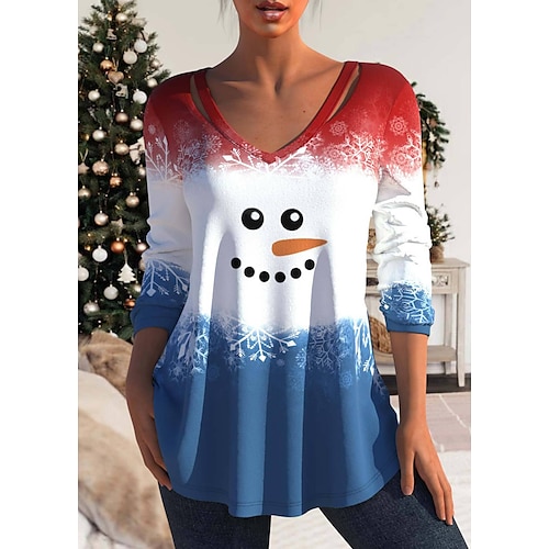 

Women's Blouse Shirt Black Blue Pink Deer Snowman Print Long Sleeve Christmas Casual Basic V Neck Regular S