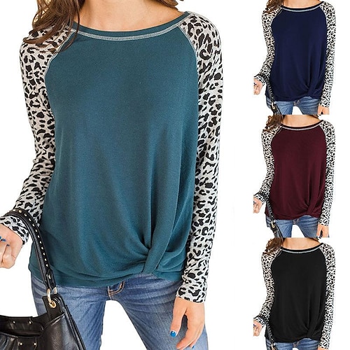 

2021 amazon aliexpress long sleeve leopard print t-shirt hem knot top cross-border european and american autumn women's clothing