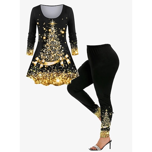 

Women's Plus Size Tops Christmas Set Graphic Long Sleeve Crew Neck Print Holiday Modern Vacation Weekend Polyester Winter Fall Black