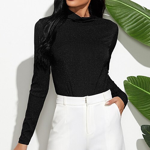 

Women's Bodysuit Black Plain Long Sleeve Casual Basic High Neck S